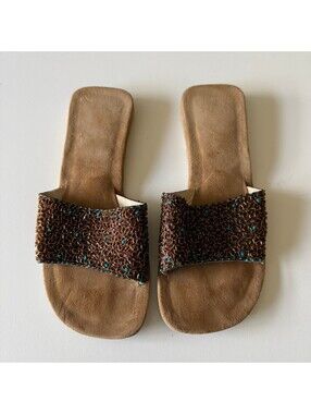 Beaded Slide Sandals Brown Turquoise Boho Vacation Made in India Flat Sz 7/36